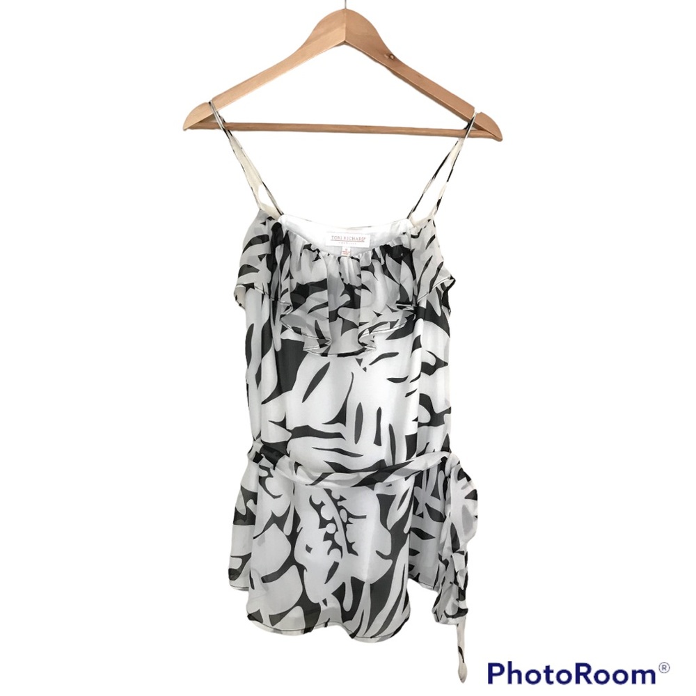 Tori Richard Silk Spaghetti Strap Tank Top | White and Black Leaf Pattern